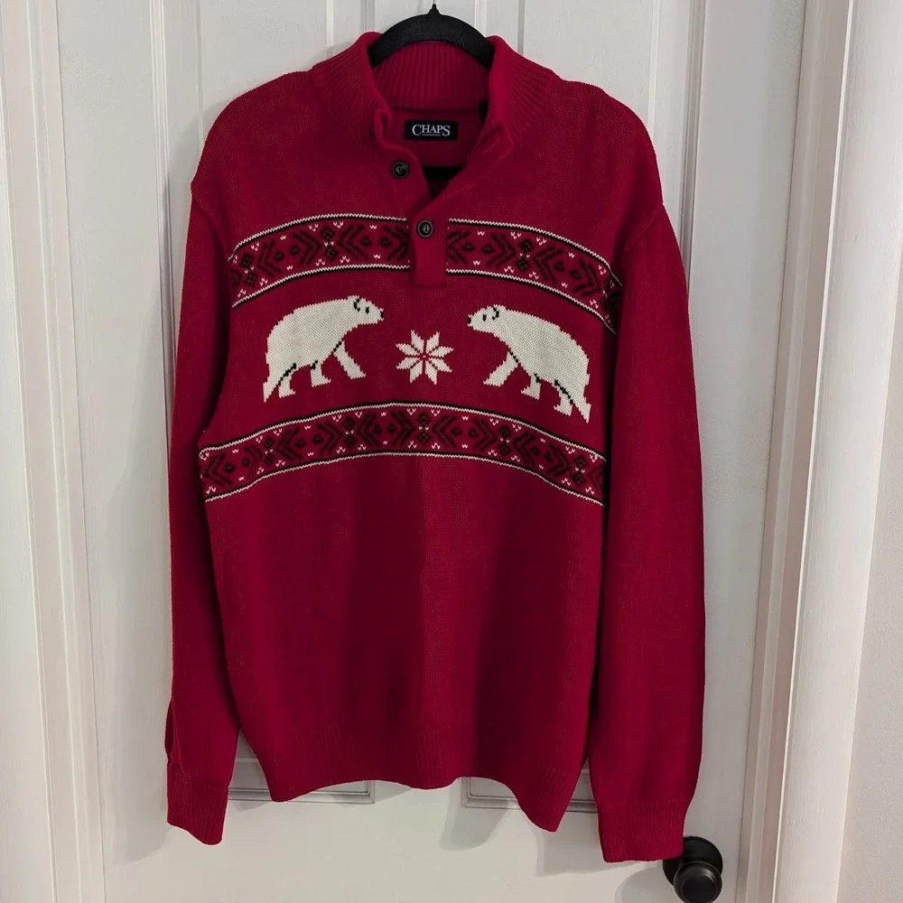 Chaps Men's Holiday Henley Sweater LARGE Cotton Winter Christmas Soft‎ Bears Red